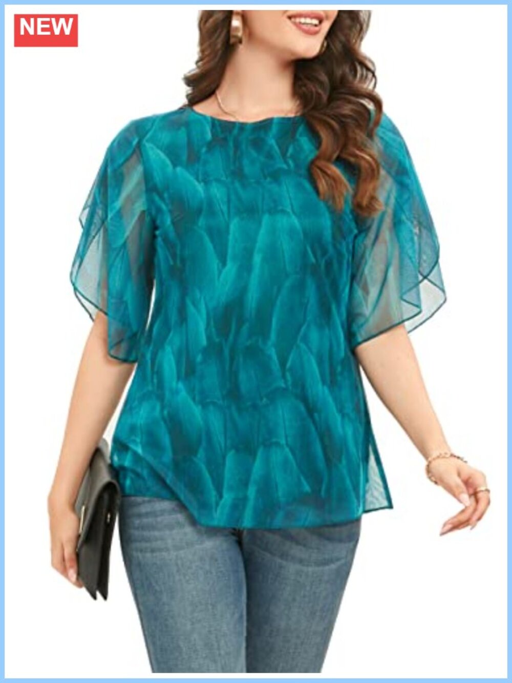 Oyamiki Chiffon Tunic Blouse 3/4 Bell Sleeve Scoop Neck Flowy Double Layer
